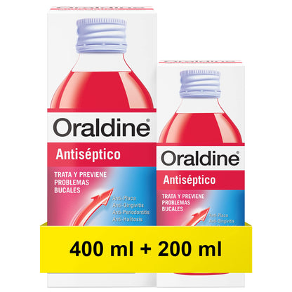 Oraldine, Colutorio De Uso Diario Líquido, Antiséptico y Antifúngico, Previene Gingivitis y Aftas, Pack de 400 ml y 200 ml