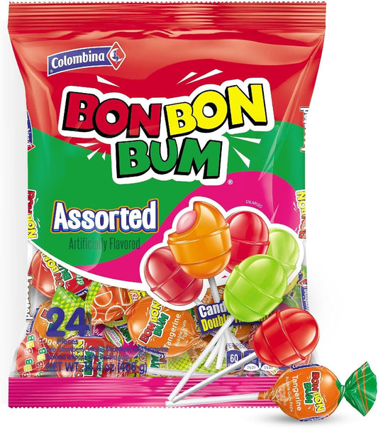 Colombina Bon Bon Bum - Paletas con centro de goma de mascar surtido, paletas de 4 sabores diferentes: Lulo, fresa, fresa Roja y mandarina, Bolsa de 408 gr. (24 unidades)