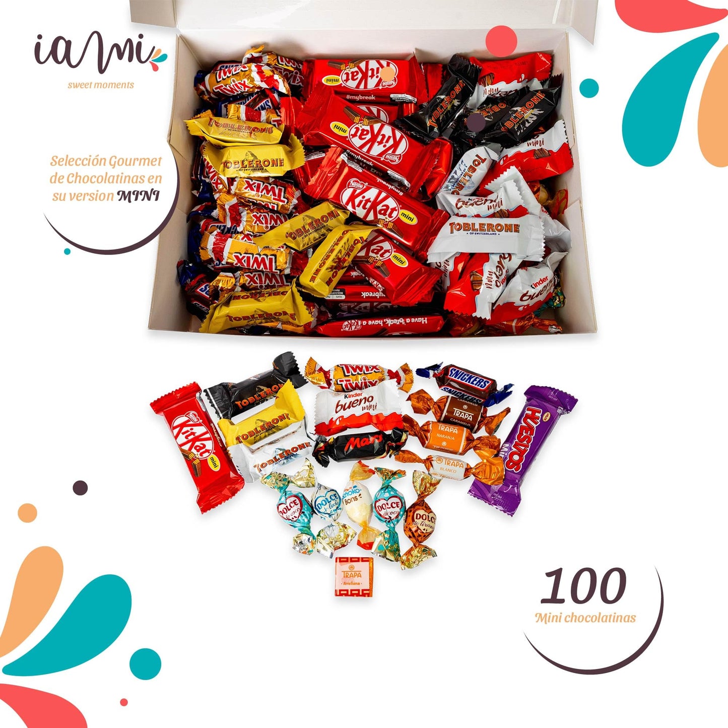 Surtido de Mini Chocolates de 100 Unidades | Caja Gourmet Chocolates MINI I Versiones Miniatures de Kit Kat, Toblerone, Kinder Bueno, Twix, Snickers, Kinder Chocolate, Shochobons, Mars [IAMI]