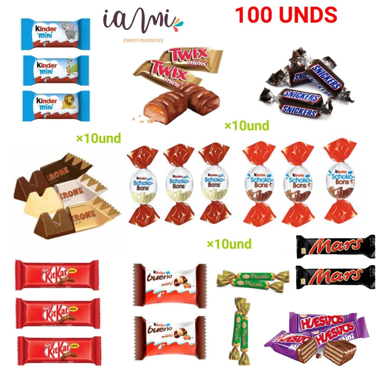 Surtido de Mini Chocolates de 100 Unidades | Caja Gourmet Chocolates MINI I Versiones Miniatures de Kit Kat, Toblerone, Kinder Bueno, Twix, Snickers, Kinder Chocolate, Shochobons, Mars [IAMI]