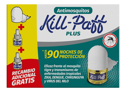 KILL-PAFF - Insecticida Eléctrico Antimosquitos, Eficaz Contra Mosquito Tigre y Transmisores de Enfermedades Tropicales, Difusor, 90 Noches de Proteccién (Contenido: 1 difusor + 2 recambios)