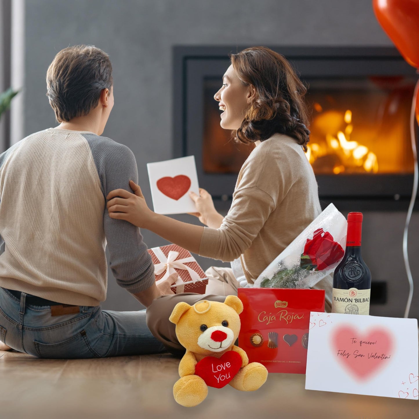 Pack Regalos Originales para San Valentin | Incluye Vino Ramon Bilbao + Bombones San Valentin Caja Roja Nestle + Osito Peluche LOVE + Rosa | Perfectos Regalos de San Valentén para Mujer y Hombres