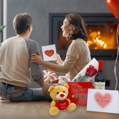 Pack Regalos Originales para San Valentin | Incluye Vino Ramon Bilbao + Bombones San Valentin Caja Roja Nestle + Osito Peluche LOVE + Rosa | Perfectos Regalos de San Valentén para Mujer y Hombres