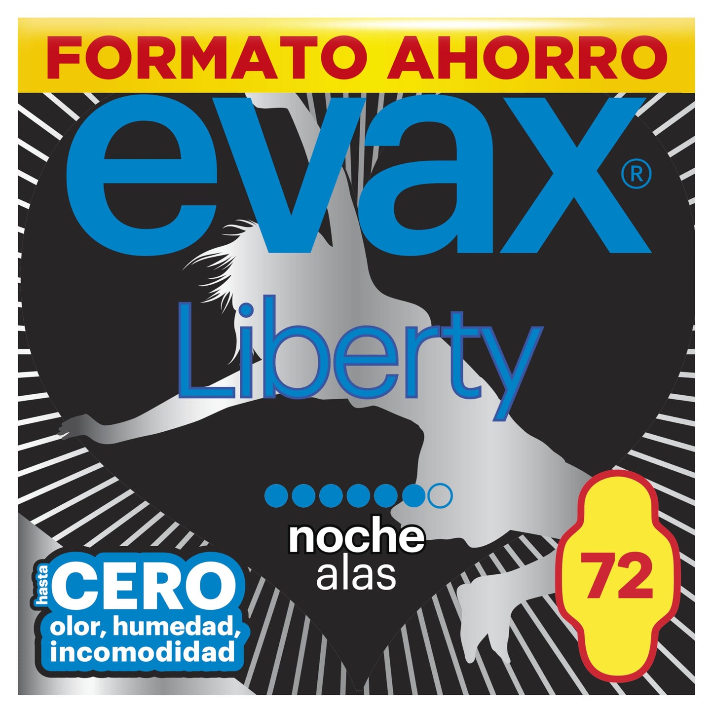 Evax Liberty Noche con Alas, 72 Compresas, Hasta Cero Olor, Humedad e Incomodidad - Formato Ahorro