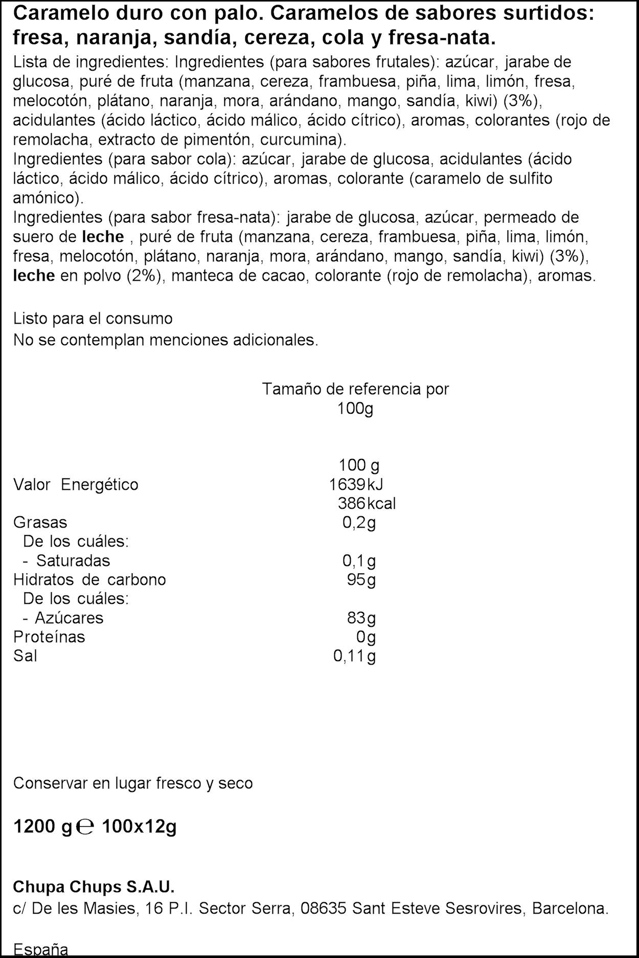 Chupa Chups Original, Caramelo con Palo de Sabores Variados, Tubo Icon Pack de 100 unidades de 12 gr. (Total 1.200 gr.), con azucar