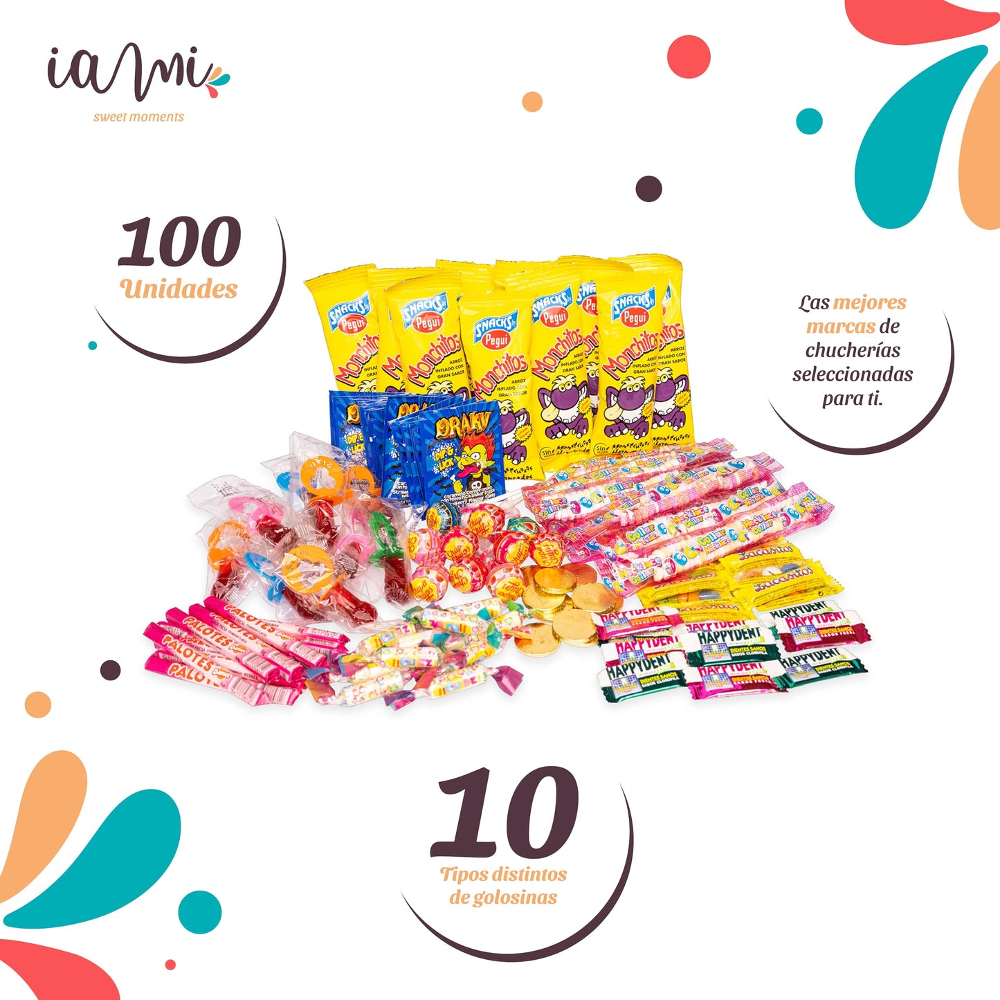 Mega Pack Chuches 100% Calidad: Marcas TOP en Chuches y Golosinas para Cumpleaéos, Navidad, Halloween, Piéatas, Fiestas Infantiles - 100 Unid - Surtido de Chuches, Gominolas, Golosinas. [IAMI]