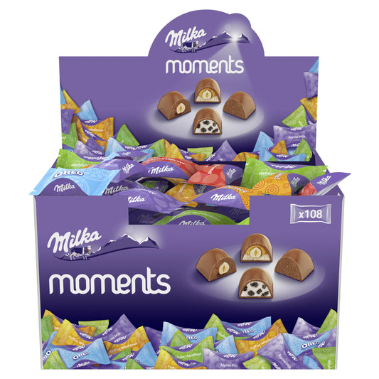 Milka Moments Surtido de Bombones Individuales, Mix de 4 Sabores: Chocolate con Leche de los Alpes, Avellana Entera, Oreo y Toffee Nuez - Caja de Mini Chocolatinas 1kg 108 Unidades