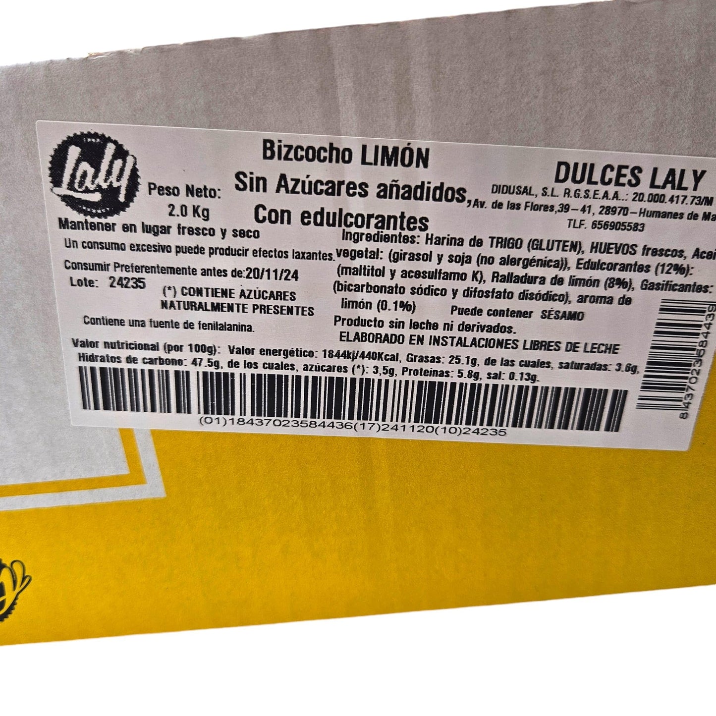 Bizcocho Limon Sin Azucar y Sin Lactosa. Bizcocho Artesano Laly. Caja 2 Kilos. 30 Unids. Bizcocho Sin Lactosa - Sin Azucar A?adido