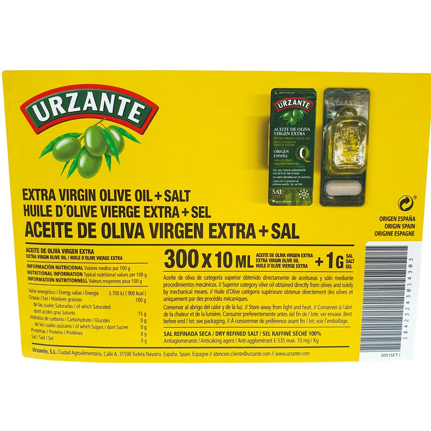 Aceite Virgen Extra Monodosis + Sal - Urzante - 300 unid Aceite Virgen Extra 10 ml + 10 gr. Sal Monodosis