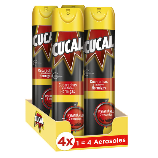 Cucal Insecticida Aerosol Instant contra Cucarachas, Hormigas y sus nidos (Pack de 4x 400ml., Total 1600ml) Insecticida para insectos rastreros eficaz en 3 segundos