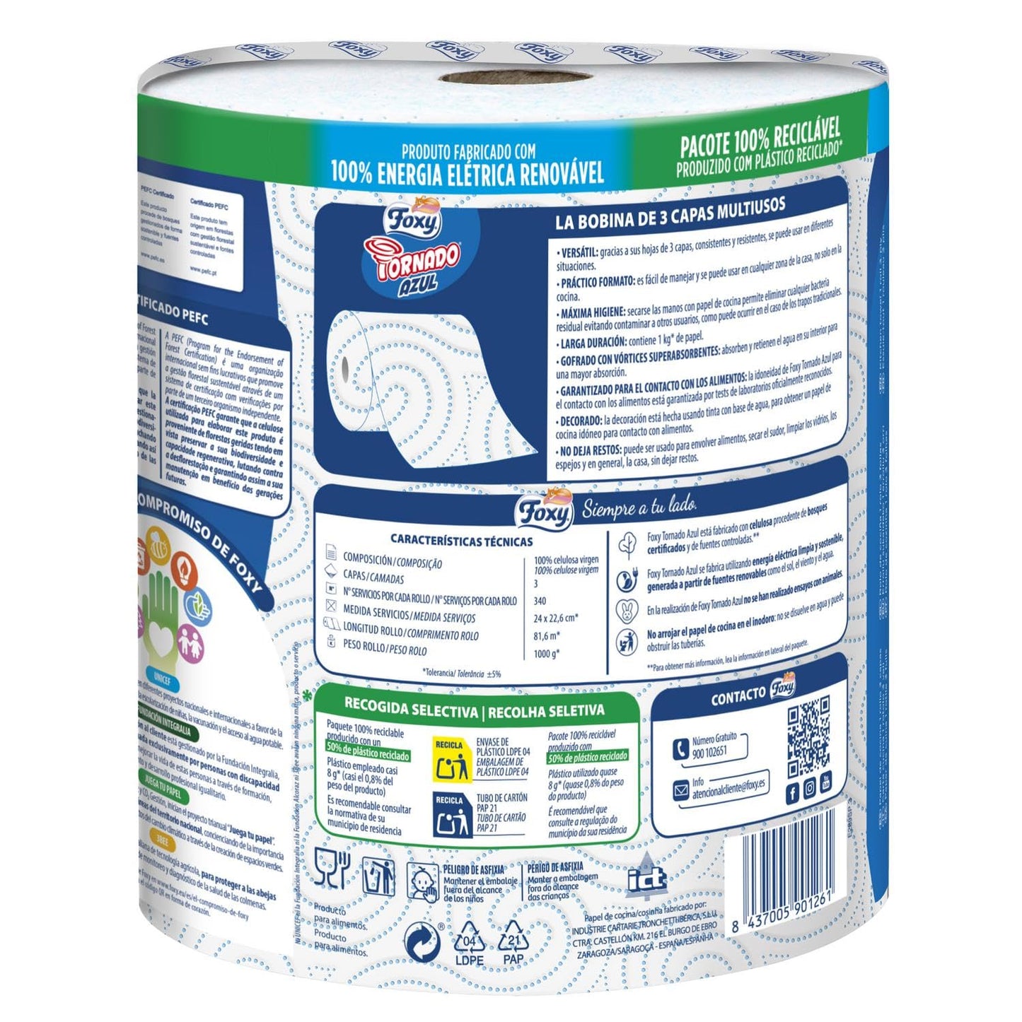 Foxy Tornado Azul Papel Multiusos, 1 Kg de papel(cada una), 340 servicios por cada rollo, Certificacién PEFC - 6 unidades