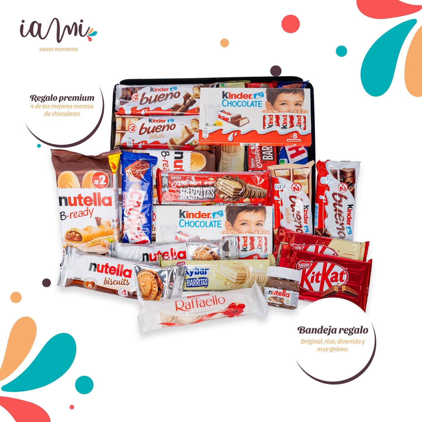 Bandeja Regalo Mega Pack de Chocolates Kinder Bueno - Nutella - Bombones Rafaello - Nestle. +15 Unid. Caja Bandeja Original [IAMI]