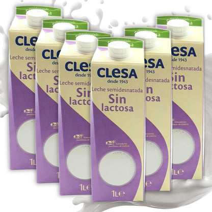 Leche Clesa SIN LACTOSA Semi Desnatada - 6 Bricks de 1 Litro - 100% Leche Gallega - Tapon Anti Goteo - 6 Litros Leche Sin Lactosa [CLESA]