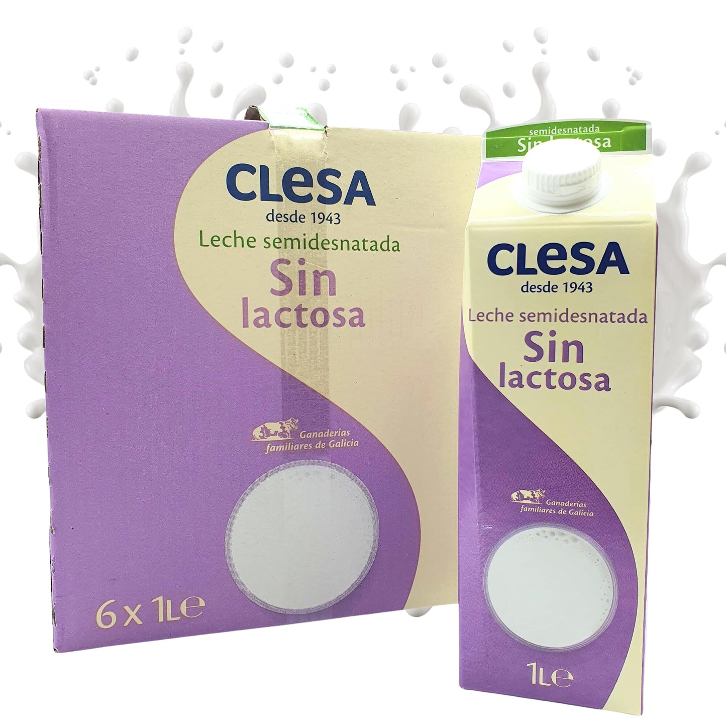 Leche Clesa SIN LACTOSA Semi Desnatada - 6 Bricks de 1 Litro - 100% Leche Gallega - Tapon Anti Goteo - 6 Litros Leche Sin Lactosa [CLESA]