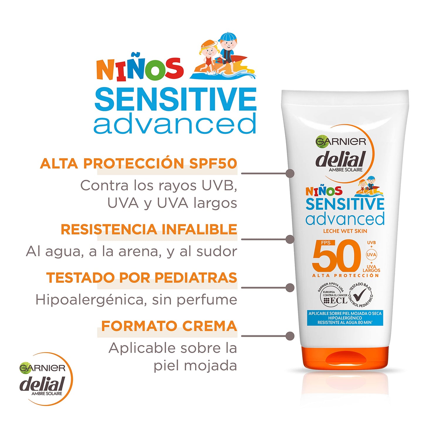 GARNIER DELIAL Crema Solar Muy Alta Protección FPS50+ Niños Para Pieles Claras, Sensibles E Intolerantes Al Sol, Resistente Al Agua 150 ml