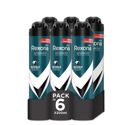 Rexona Desodorante Aerosol Protección Avanzada 72h Invisible Black & White Antitranspirante para hombre 200ml - Pack de 6