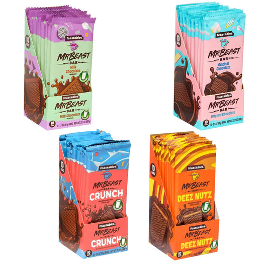 Chocolate Feastables de Mr Beast é 4 Tabletas - 4 Sabores - Pack Surtido de Chocolate MrBeast - Original - Leche - Crunch & Deez Nutz