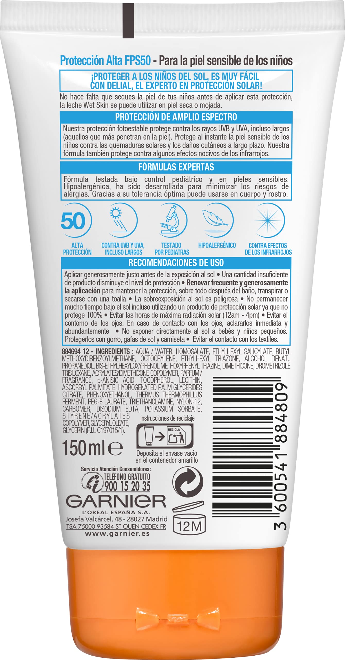 GARNIER DELIAL Crema Solar Muy Alta Protección FPS50+ Niños Para Pieles Claras, Sensibles E Intolerantes Al Sol, Resistente Al Agua 150 ml