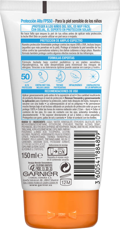 GARNIER DELIAL Crema Solar Muy Alta Protección FPS50+ Niños Para Pieles Claras, Sensibles E Intolerantes Al Sol, Resistente Al Agua 150 ml