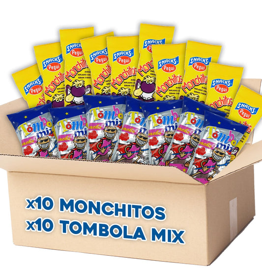 Pack Monchitos + Tómbola Mix - 10 Bolsas Arroz Inflado Sabor Jamón + 10 Bolsas Mix Aperitivo de Maíz