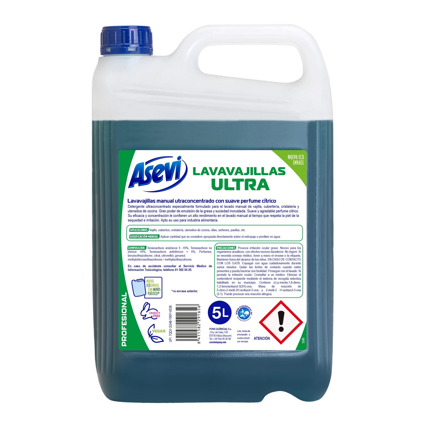 Asevi Lavavajillas Líquido Ultra Profesional - Detergente Lavaplatos Manual Ultraconcentrado - Gran Poder Desengrasante - 5 Litros