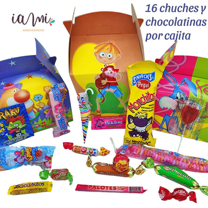 Caja Chuches para Cumpleaños. 10 Cajas Rellenas de Chuches y Golosinas. 16 Chuches Surtidas y Chocolatinas en Cada Cajita. Cajas de Cumpleaños Listas para Repartir [IAMI]