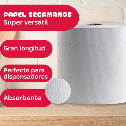 Papel Secamanos Bobina - Pack 6 Rollos de 93 m - Doble Capa Extra Gofrado - Papel Industrial Blanco - 310 Servicios x Bobina de Papel