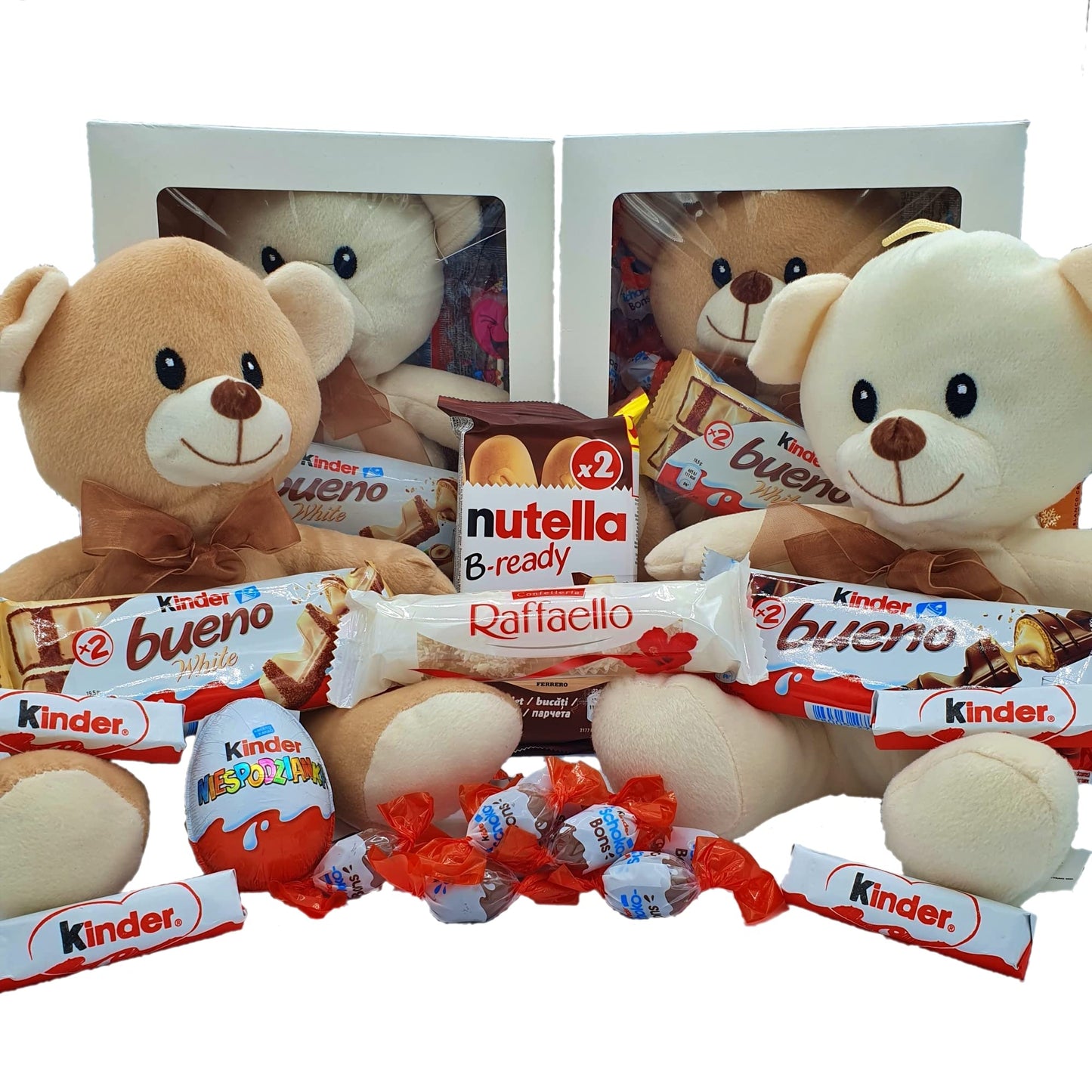 Caja Regalo Chocolate Kinder - Nutella - Raffaelo con Osito de Peluche. Regalo Original con Chocolate para Aniversarios, San Valentin. [IAMI]]