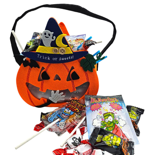 Bolsa Calabaza Halloween Rellena de Chuches Surtidas | Chuches Halloween | Calabaza + 250 gramos de Golosinas y Chuches para Halloween Truco o Trato - Bolsa de Fieltro [IAMI]