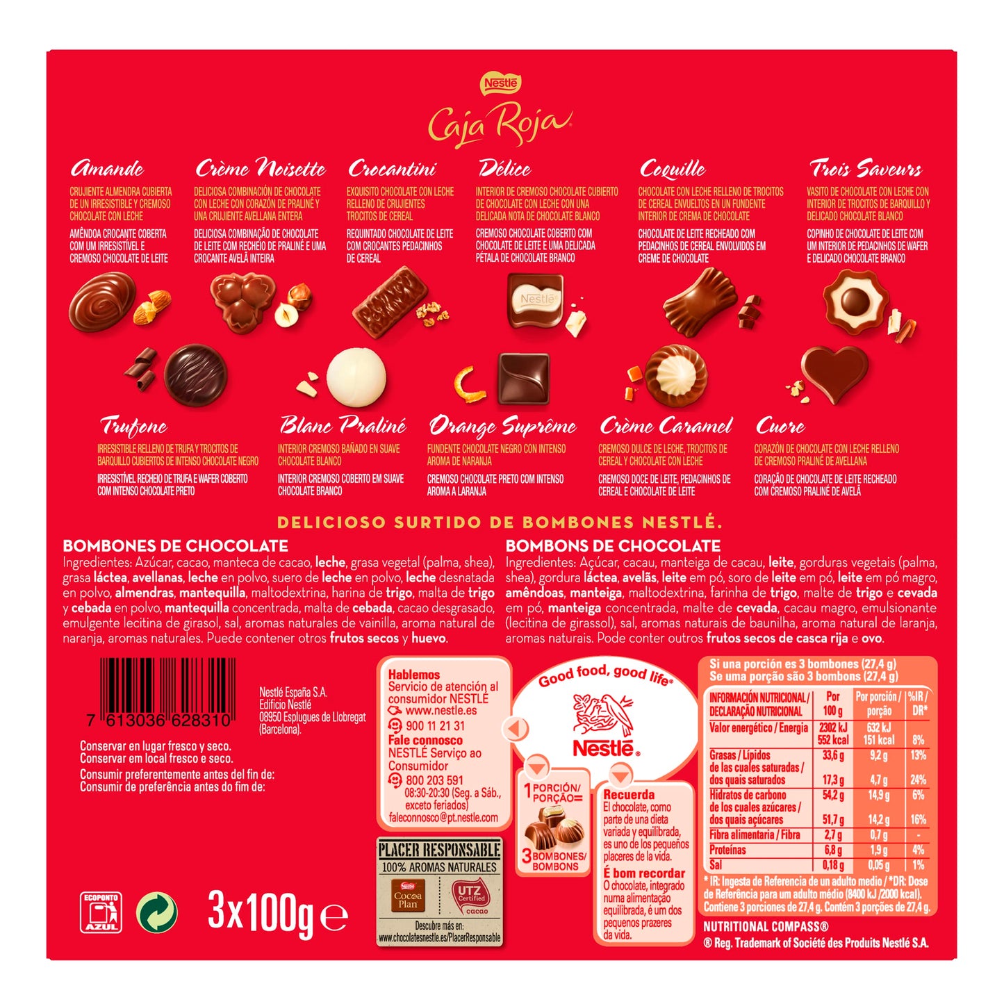 Nestlé - Caja Roja, Bombones Chocolate con Leche (3 x 100 g), Lote 2+1.