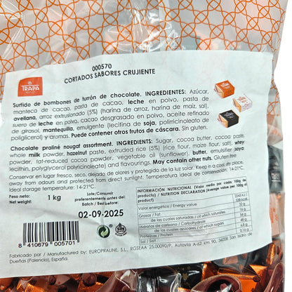 Bombones Crujientes Cortados Trapa - Bolsa Kilo - Bombones de Turron Chocolate con Leche - Turron Blanco - Turron Negro - Turron Crujiente