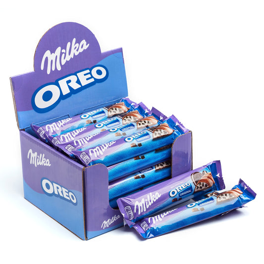 Milka Oreo Barritas de Chocolate con Leche de los Alpes con Trozos con Galleta Oreo y Relleno de Vainilla Formato Bolsillo - Pack de 24 x 37g