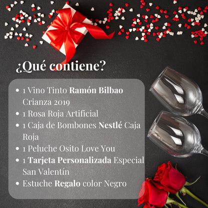 Pack Regalos Originales para San Valentin | Incluye Vino Ramon Bilbao + Bombones San Valentin Caja Roja Nestle + Osito Peluche LOVE + Rosa | Perfectos Regalos de San Valentén para Mujer y Hombres