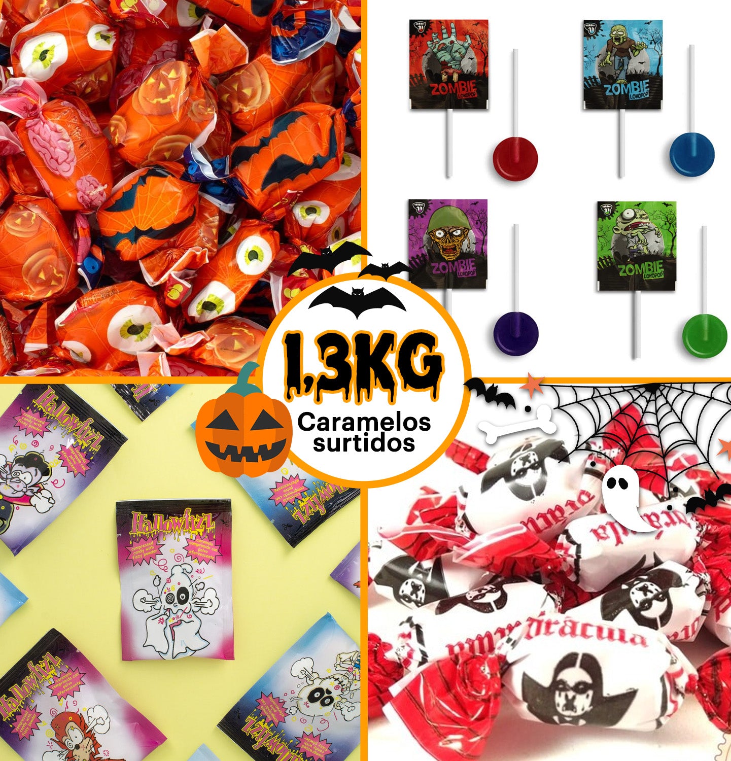 +200 Chuches Halloween Surtidas - Caja de Caramelos y Golosinas para Regalar + 1,3 Kg