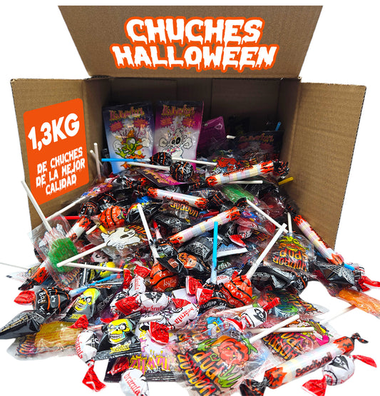 +200 Chuches Halloween Surtidas - Caja de Caramelos y Golosinas para Regalar en Halloween - Cabalgatas - Cesta de + 1,3 Kg de Chuches y Caramelos Envueltos y listos para regalar en Halloween